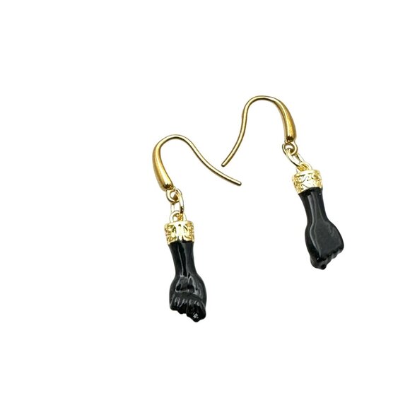 18K Gold Plated Black Enamel Figa Fist Earrings Pierced Chandelier - Picture 3 of 4